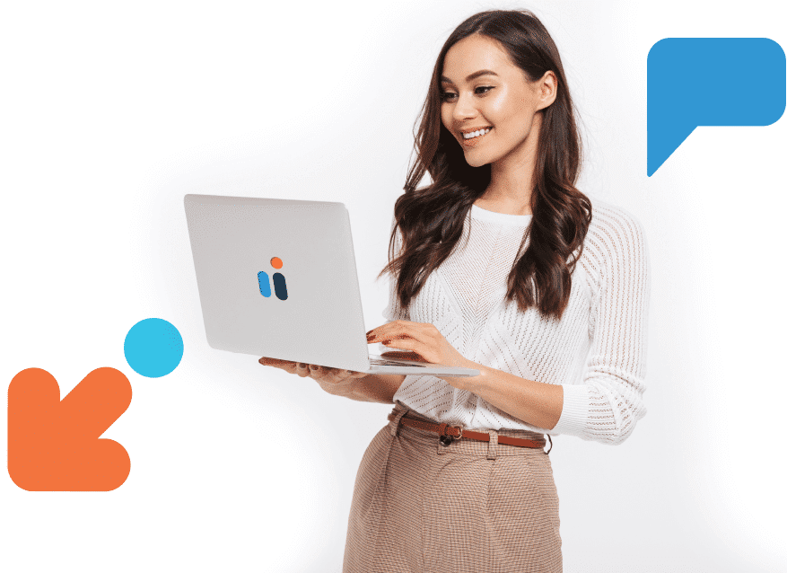 A smiling woman stands, expertly using a laptop. She wears a white sweater and beige pants. The laptop features a logo with two vertical bars and a dot. Colorful shapes, like a speech bubble, arrow, and circle, symbolize her skill in connecting worlds in the background.