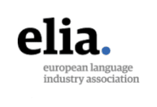 Logo of the European Language Industry Association (elia) with elia in bold black, and european language industry association written in smaller gray text beneath. A blue dot appears near the letter a, symbolizing expertise and connecting worlds through language.