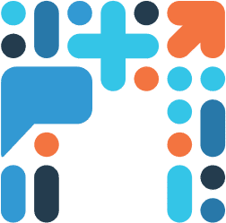 אייקונים מסוגננים יוצרים תבנית עם צורות מופשטות בכחול, כתום וטיגון. תוך שילוב סמלי פלוס וחץ, העיצוב דומה לבועות דיבור ונקודות על רקע שקוף, ויוצר תרגום אמנותי של רעיונות - חבר תרגומים בבסיסו.