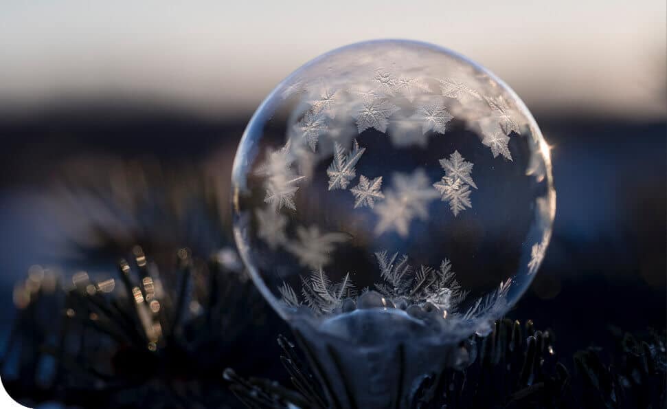תקריב של בועת סבון קפואה הניצבת על ענף אורן, מעוטרת בדוגמאות עדינות של פתיתי שלג, לוכדת תחושה חורפית שלווה. הסצנה היא כמו דרכו של הטבע ללשבור את הקרח, על רקע מטושטש ועמום.