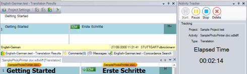 צילום מסך של ממשק תוכנת תרגום באווירת אולפן אלגנטית. האזור הראשי מציג טקסט שמתורגם מאנגלית לגרמנית. הלוח הימני כולל גשש זמן אינטואיטיבי עם לחצנים להשהיה, עצירה וזמן שחלף של 00:02:14.