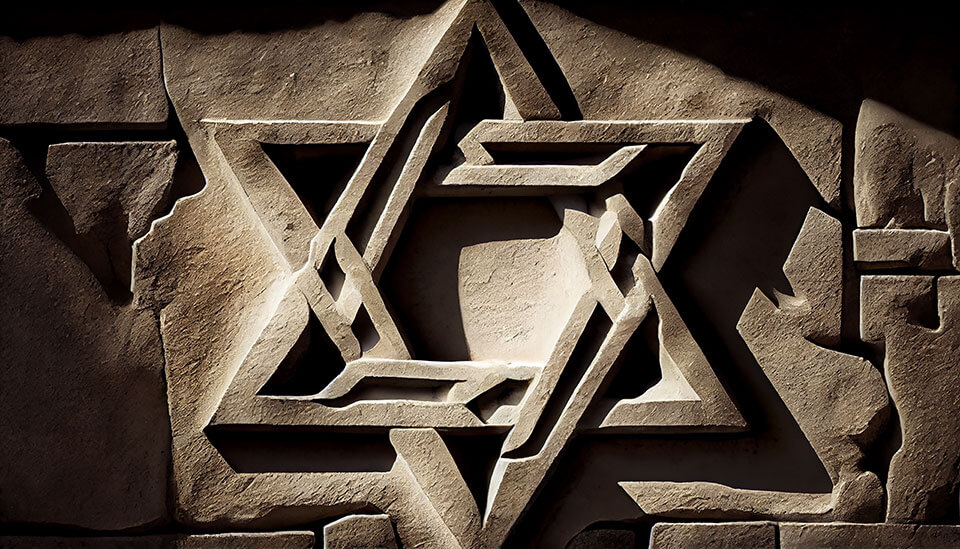 אבן מגולפת בעיצוב מגן דוד מורכב, מוארת בתאורה דרמטית המבליטה את המרקמים והעומק שלה. יצירה זו משחקת תפקיד בשימור המורשת, עם דפוסים גיאומטריים המטילים צללים מעניינים המעוררים משמעות תרבותית נצחית.