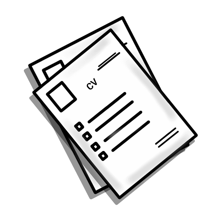 שני גיליונות נייר מאוירים המייצגים קורות חיים, עם קווים שחורים מינימליסטיים המתארים מציין מיקום של תמונה ונקודות תבליט לטקסט. מושלם למי שמחפש תרגום קורות חיים כדי להעביר את כישוריהם בצורה מדויקת בשפות.